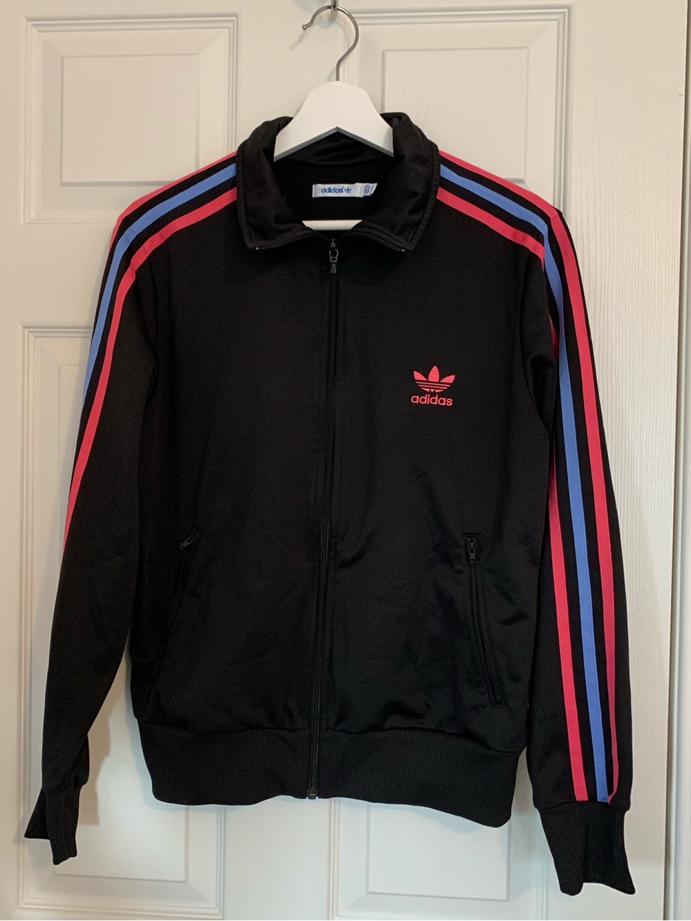 Adidas Women's Black Bomber Jacket with Pink and blue Stripes
